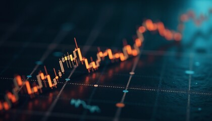 Fototapeta premium Close-up of a candlestick chart displaying price movements in vibrant orange on a dark background