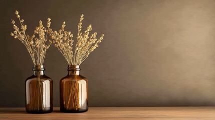 Two amber glass bottles with dried flower on a wooden surface against a muted background