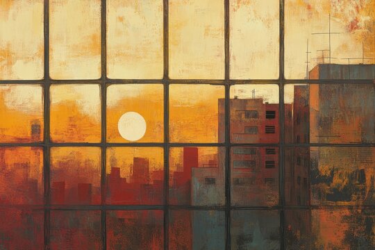 A cityscape view viewed through a grid window frame