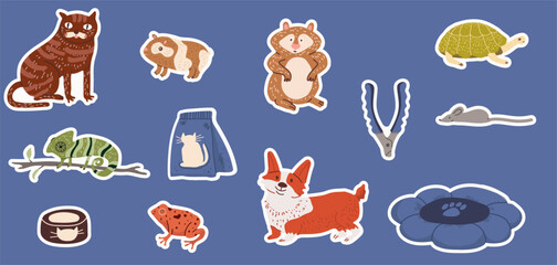  Stickers with pets, cute pets, hand drawn vector illustration.