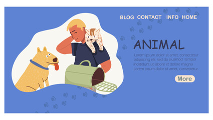 Landing page Animal, pet store advertisement,  pet service flyer, card, veterinary clinic, isolated on background. Hand drawn vector illustration.