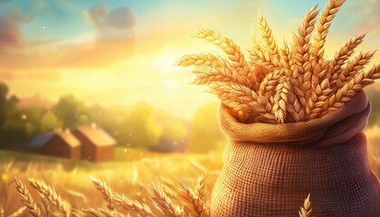 Sack Overflowing With Wheat Grains And Wheat Stalks: A Bountiful Harvest Of Agriculture Produce In One Bag.