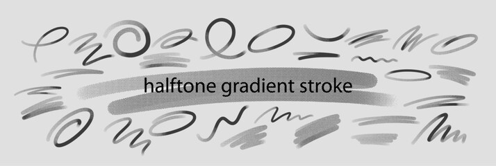 Vector Illustration Set of Various Halftone Gradient Strokes and Scribble Designs on a Light Background