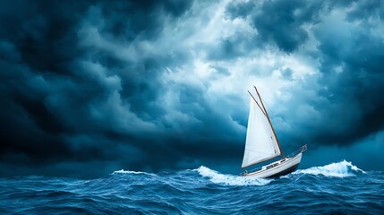 Sailboat Navigating Rough Ocean Waters Under a Dramatic Stormy Sky