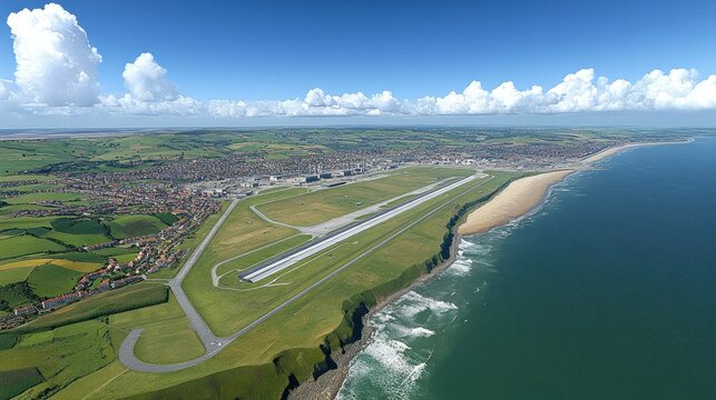 Coastal airport with runway, rolling hills, and beach.  Panoramic aerial view of modern airfield