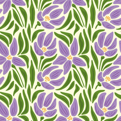 seamless pattern with spring flowers, hand drawn purple blossom with green leaves vector illustration, abstract modern design,template for backdrop,cards,prints,textile,fabric,wrapping paper,poster