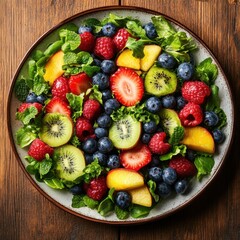 Obraz premium Vibrant Fruit Salad with Fresh Berries Kiwi and Peach on Wooden Table Top View Healthy Eating Concept
