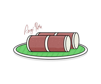 South Indian breakfast White Puttu or steamed finger millet powder cake in Banana leaf, outline drawing
