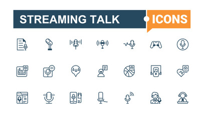 Streaming Talk modern icon set. Contains outline symbols like speak, microphone, speaker, radio, audio and more. Podcast simple icon set. Modern thin line style icons. Editable stroke vector art.