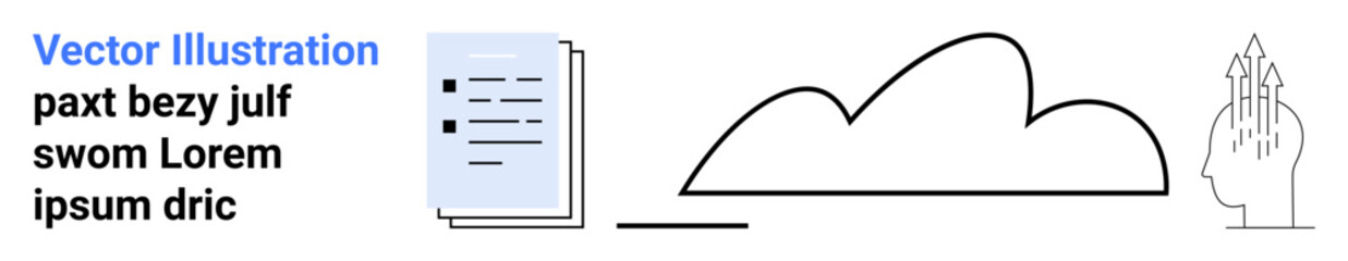 Document beside a cloud with a human mind silhouette symbolizing knowledge, cloud computing, and innovation. Ideal for digital storage, creativity, technology, education, business strategy, data