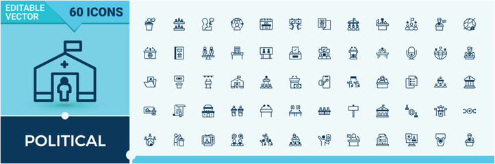 Fototapeta premium Set of Political line icon. Included campaign, activism, politics, democrat and more. Expanded stroke icons. Diplomacy linear icon collection. Solid line editable stroke. Vector collection.