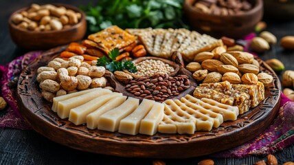 Assorted Nuts Cheeses And Sweets On Wooden Platter