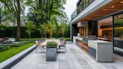 A modern outdoor kitchen with a grill and dining area 