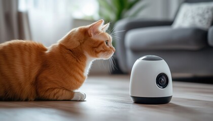 Modern Cctv Security Camera With Pet: Close-Up Footage Of Smart Home Surveillance System With Adorable Cat Indoors.