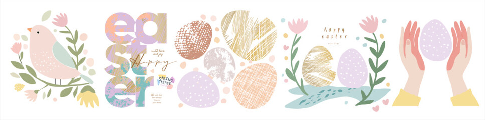 Happy Easter. Vector pastel elegant gentle illustration of Easter eggs, bird, flower, hands holding egg on white background. logo for icons, greeting card, banner or invitation
