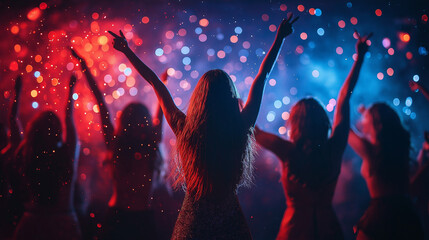 A lively gathering takes place as individuals joyfully dance with hands raised high. The atmosphere is electric, illuminated by vibrant red and blue lights in the background