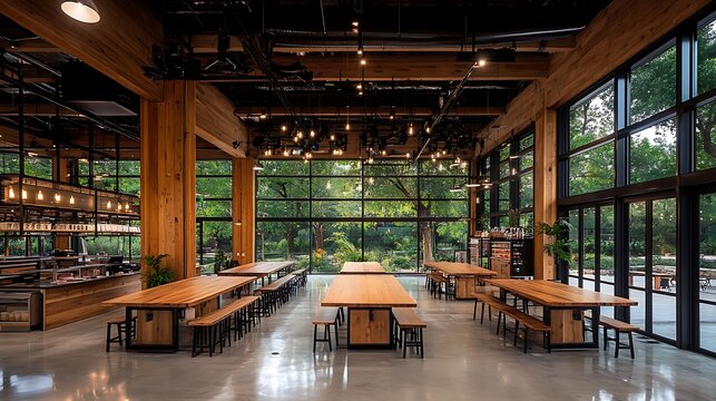 Modern, spacious cafeteria with wood and glass design, showcasing long communal tables and natural light.