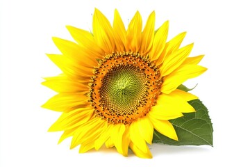Obraz premium Vibrant Sunflower with Green Leaf on White Background - Bright Floral Image