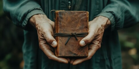 A person holding a leather bound journal in both of their hands