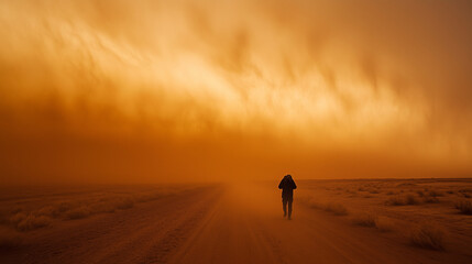 Obraz premium A lone traveler shielding their face as a powerful dust storm approaches, the sky turning an eerie orange