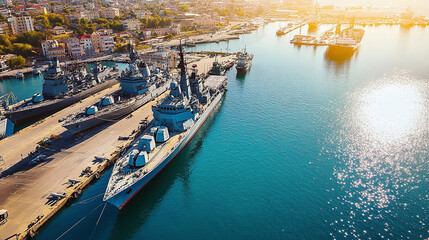 Naklejka premium An aerial view of military ships docked at a harbor. The water glistens under sunlight, reflecting the vessels and creating a serene maritime scene