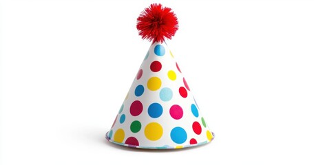 Colorful polka dot birthday hat isolated on a white background, detailed illustrations of party hats with red pom-poms for fun events or celebrations Generative AI