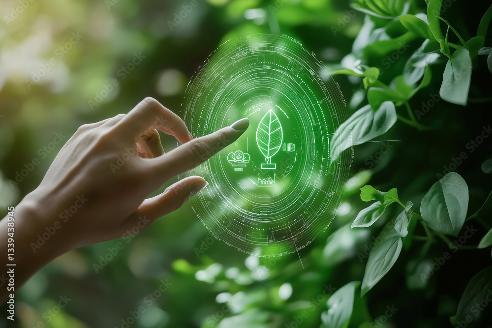 Canvas Prints eco-friendly innovation and climate action, person interacting with net zero icon in a digital inter