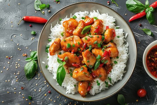 Chicken curry on white rice. Baked turkey meat with garnish and tomatoes