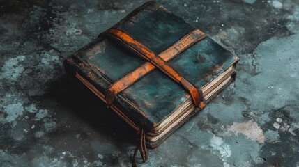 An old worn book secured with leather straps is pictured