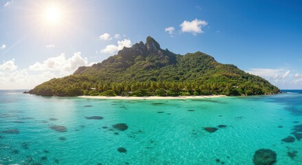Fototapeta premium Tropical Island Paradise with Clear Water and Lush Green Mountain
