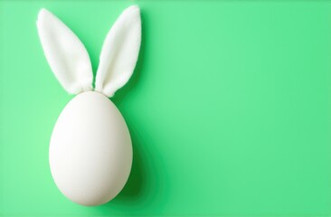 Fototapeta premium white Easter egg with fluffy Easter bunny ears on green pastel background. copy space