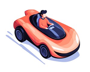 Man driving futuristic car, speed, road, white background, website illustration