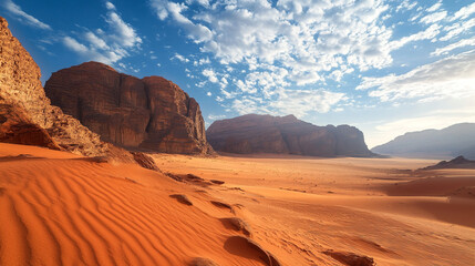 Fototapeta premium Stunning wadi rum desert landscape with majestic mountains and red sand dunes under a bright blue sky