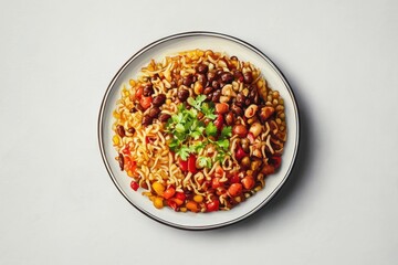 A colourful plate of noodles beans vegetables and garnish