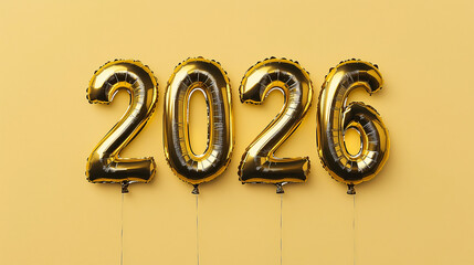 Golden Balloons of 2026: Gleaming golden balloons, arranged in a row, announce the arrival of the year 2026, symbolizing new beginnings, anticipation, and the forward march of time.