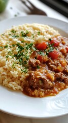 A portion of rice and stew served on a white plate