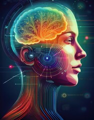 This artwork highlights self care through a human profile and vibrant neural imagery.