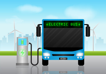 Electric Bus Charging at Charging Station. Smart Bus. Electric Transport. Green Energy Concept. Vector Illustration.