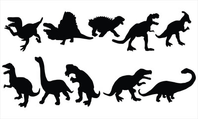 Set of Dinosaur Silhouettes on White Background 