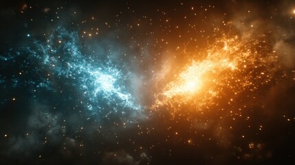 Naklejka premium Cosmic clash of opposing energies. A swirling vortex of vibrant blue and orange, suggesting conflict or fusion in space. Detailed particles and streaks create a dynamic, otherworldly scene