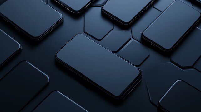A collection of sleek, modern smartphones arranged on a dark, textured surface, showcasing technology