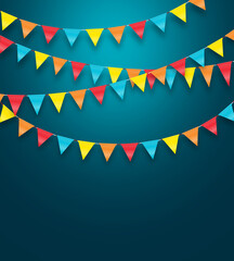 Colorful party flags hanging on blue wall background, birthday, anniversary, celebration event, festival greeting card background, scene for shooting.
