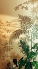 A Girl Contemplates Nature's Beauty in a Serene Indoor Jungle Setting, Bathed in Warm Golden Sunlight, Showcasing Lush Tropical Plants and Intricate Wallpaper Design