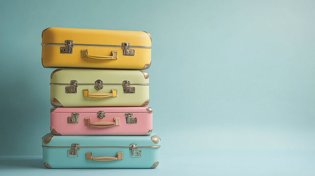 Colorful vintage suitcases stacked on a light blue background with copy space