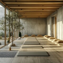 Fototapeta premium Serene yoga studio interior with natural light wooden floor mats pillows and tree for relaxation