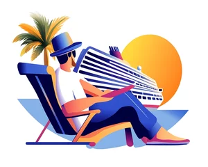 Gordijnen Man relaxes on beach chair, reading near cruise ship at sunset © Biggy