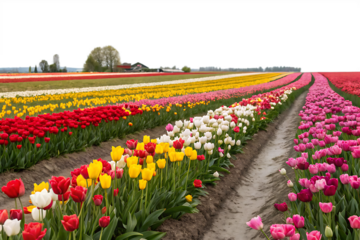 pink, red and orange tulip field isolated on white background, PNG. AI Generated 
