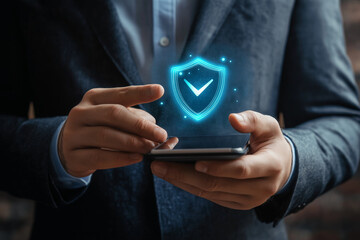 Mobile Payment Security Protection. businessman interacting with a virtual shield icon for secure payment confirmation, holding a smartphone in the background