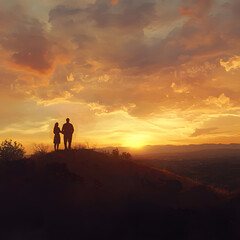 Fototapeta premium Silhouetted couple standing on a hilltop at sunset, overlooking a vibrant landscape