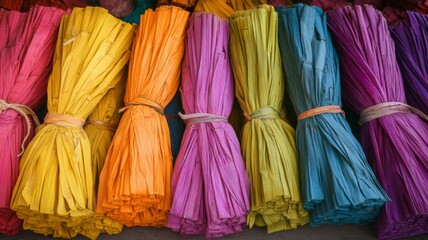 Colorful Bundles Of Dried Corn Husks Arranged In A Row